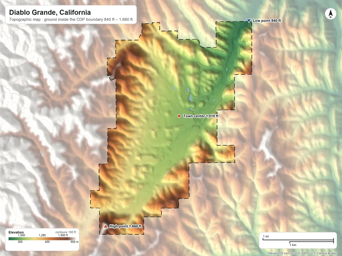 Topographic elevation map of Diablo Grande, California, shaded from 840 ft on the northeast side to 1,660 ft at the foot of the Burnt Hills