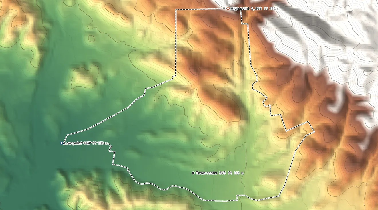 Topographic elevation map of Diablo, California, shaded from 440 ft on the west side to 1,200 ft at the foot of the Hemme Hills