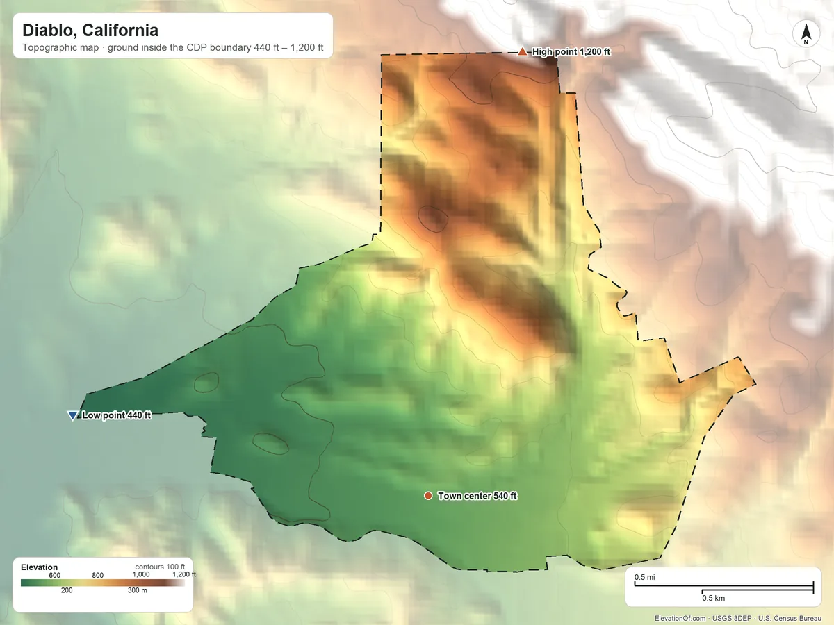 Topographic elevation map of Diablo, California, shaded from 440 ft on the west side to 1,200 ft at the foot of the Hemme Hills