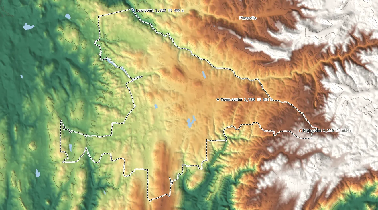 Topographic elevation map of Diamond Springs, California, shaded from 1,320 ft on the northwest side to 2,220 ft on the east edge, below higher ground just outside