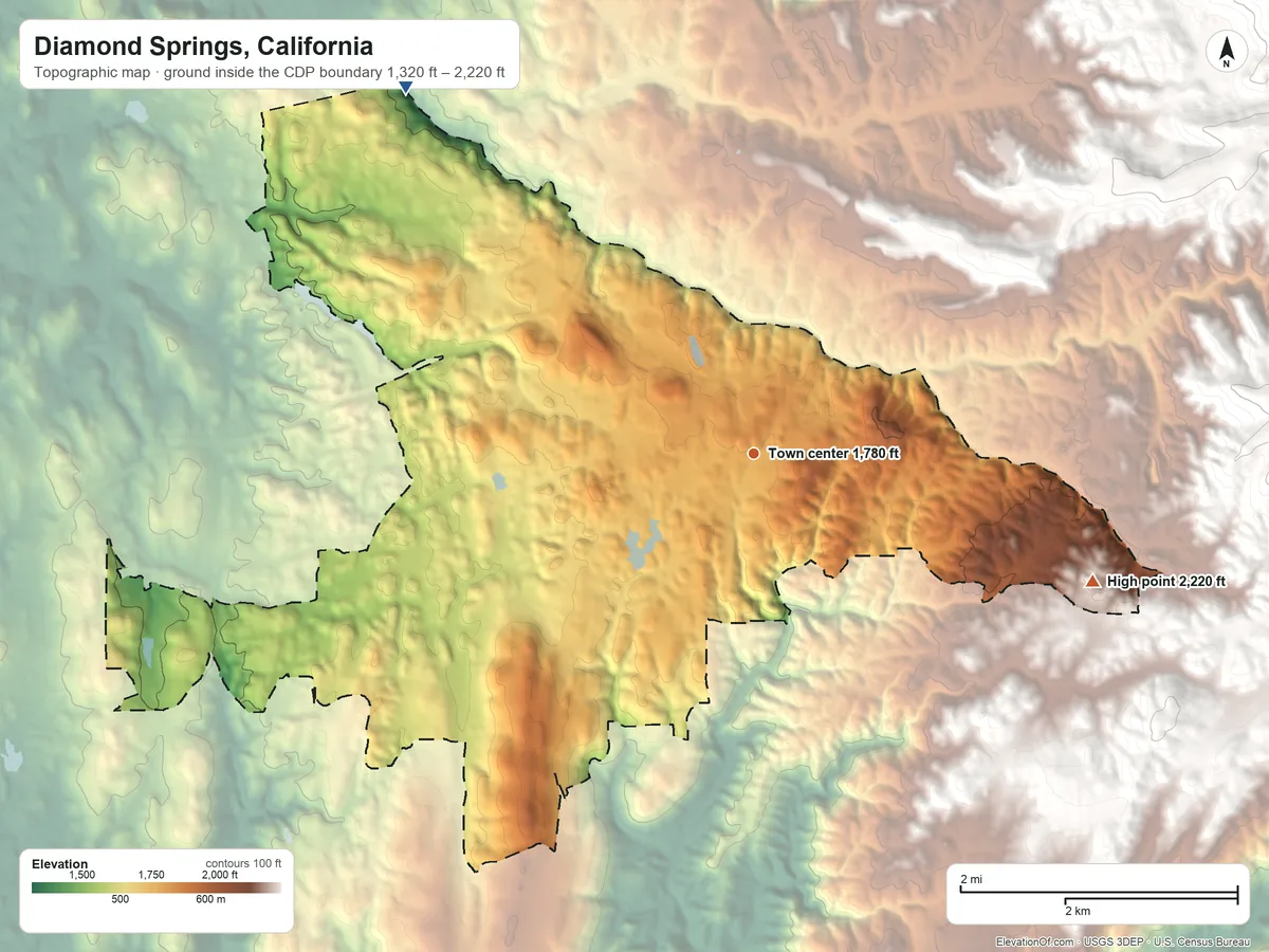 Topographic elevation map of Diamond Springs, California, shaded from 1,320 ft on the northwest side to 2,220 ft on the east edge, below higher ground just outside