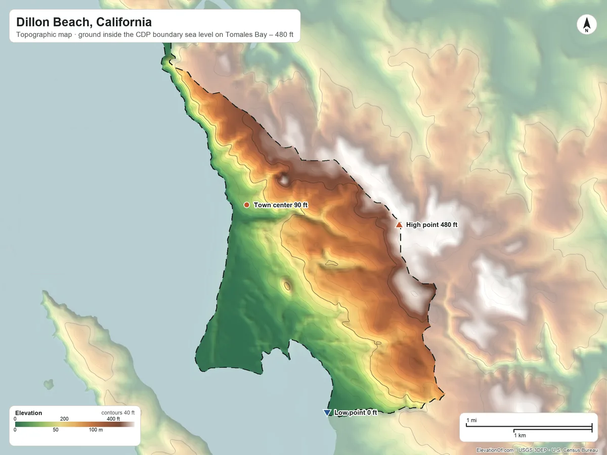 Topographic elevation map of Dillon Beach, California, shaded from sea level level on Tomales Bay to 480 ft on the east side