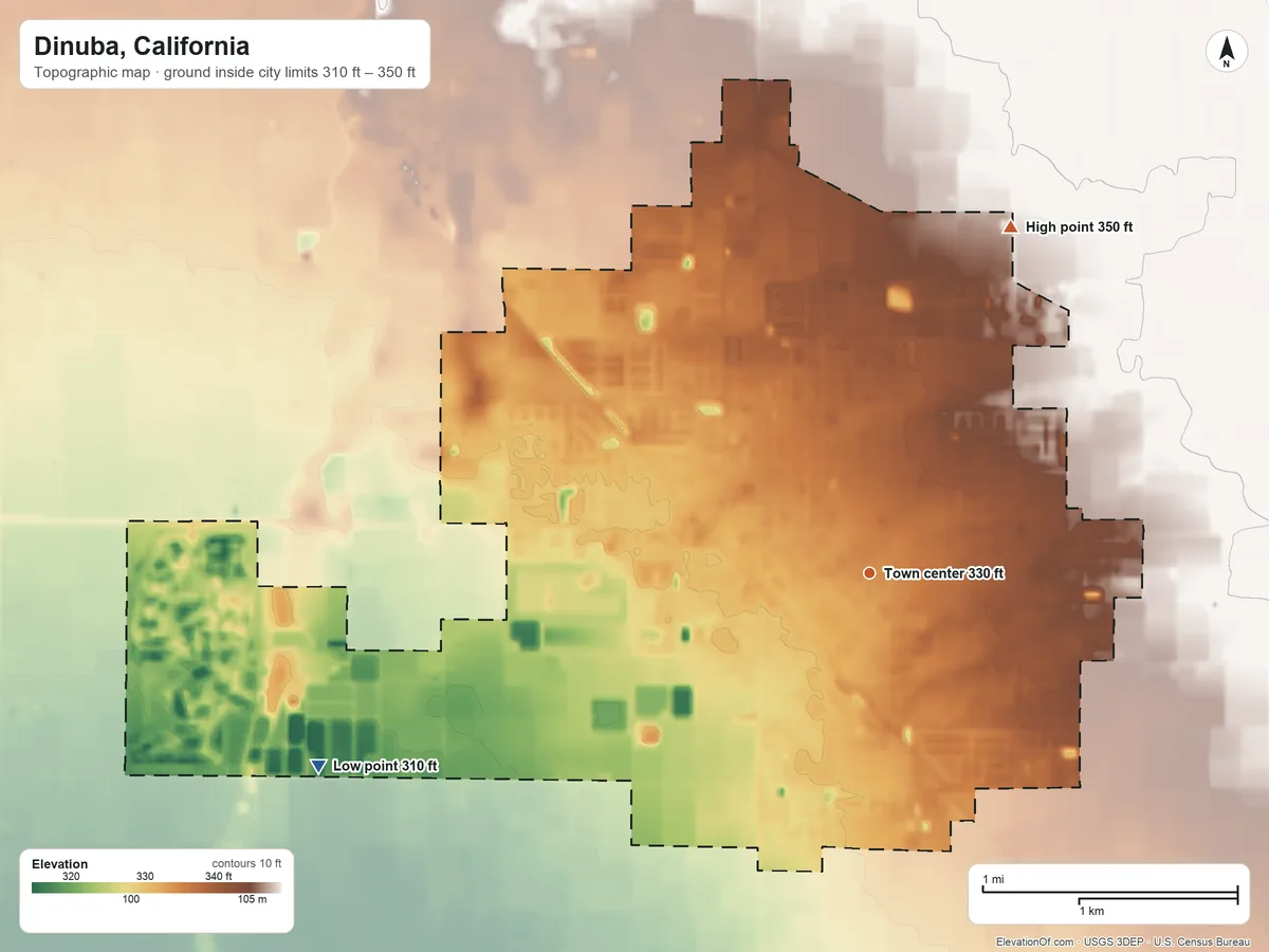 Topographic elevation map of Dinuba, California, shaded from 310 ft on the west side to 350 ft on the north edge, below higher ground just outside