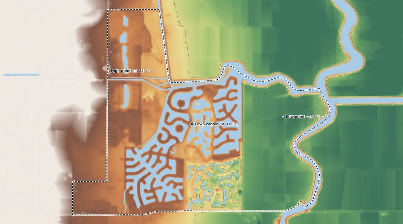 Topographic elevation map of Discovery Bay, California, shaded from −11 ft on the east side to 21 ft on the northwest side