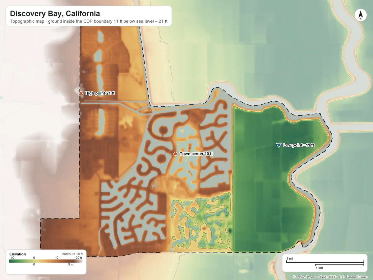 Topographic elevation map of Discovery Bay, California, shaded from −11 ft on the east side to 21 ft on the northwest side