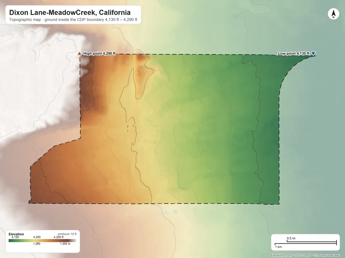 Topographic elevation map of Dixon Lane-MeadowCreek, California, shaded from 4,130 ft on the northeast side to 4,290 ft on the northwest side