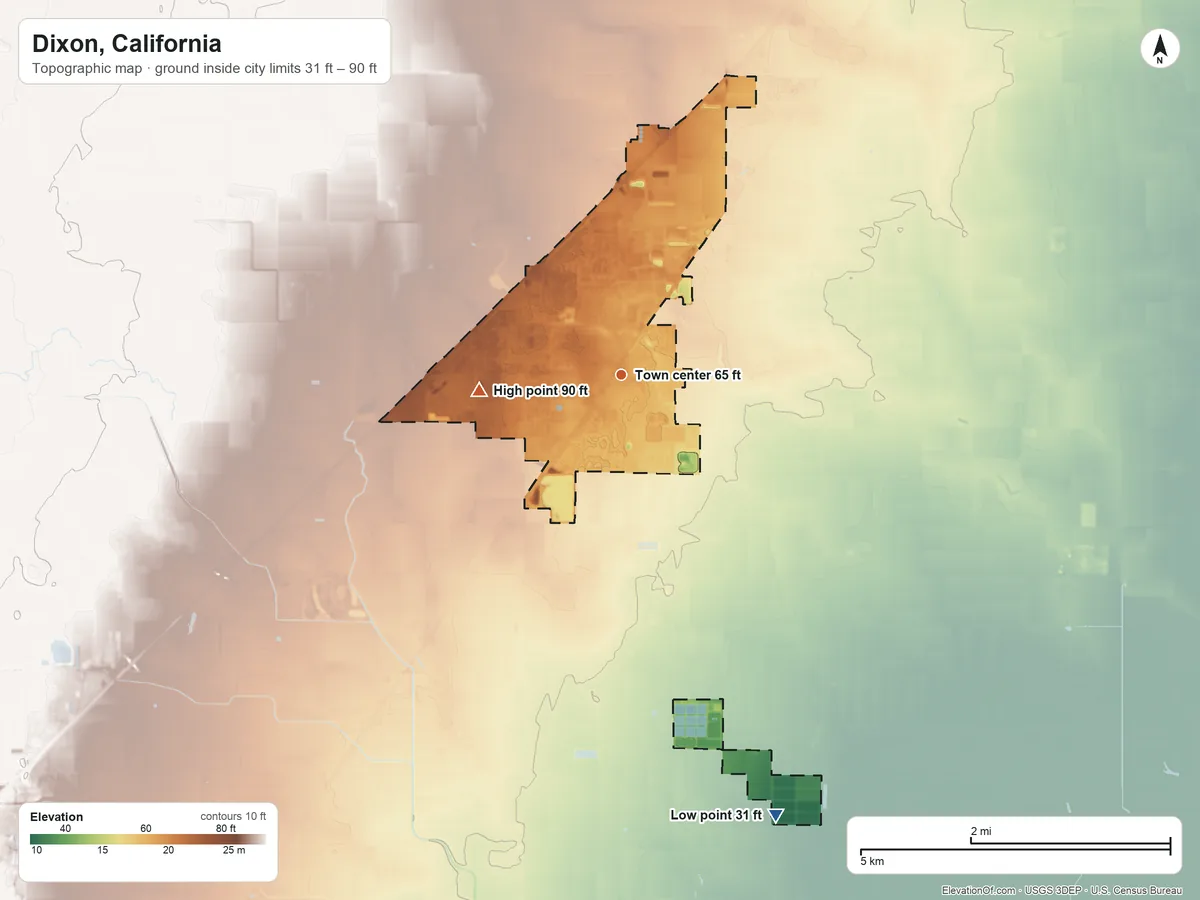 Topographic elevation map of Dixon, California, shaded from 31 ft on the south side to 90 ft on the west side