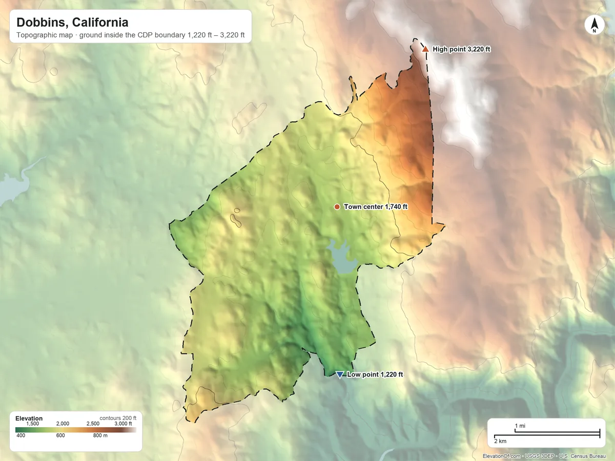 Topographic elevation map of Dobbins, California, shaded from 1,220 ft on the south side to 3,220 ft on the northeast side