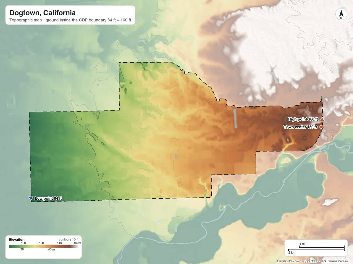 Topographic elevation map of Dogtown, California, shaded from 84 ft on the west side to 160 ft near the middle