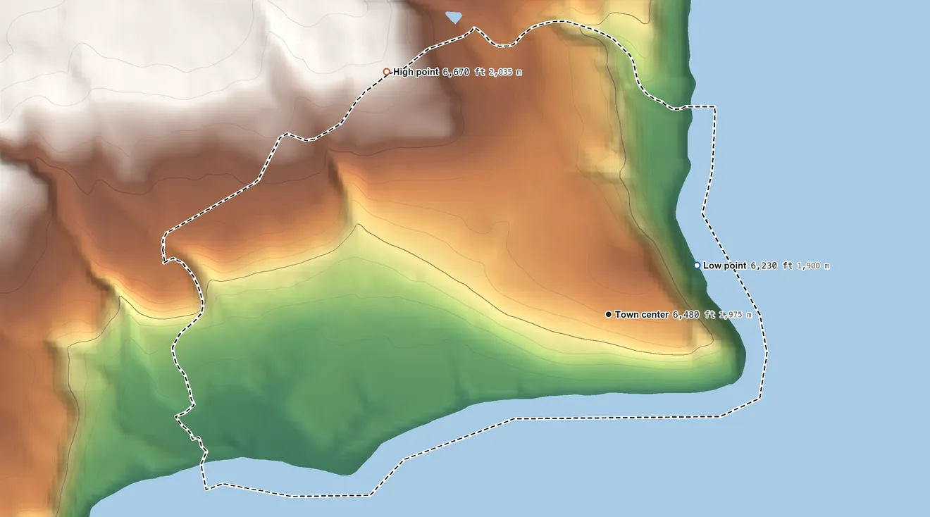 Topographic elevation map of Dollar Point, California, shaded from 6,230 ft on the northeast side to 6,670 ft on the northwest edge, below higher ground just outside