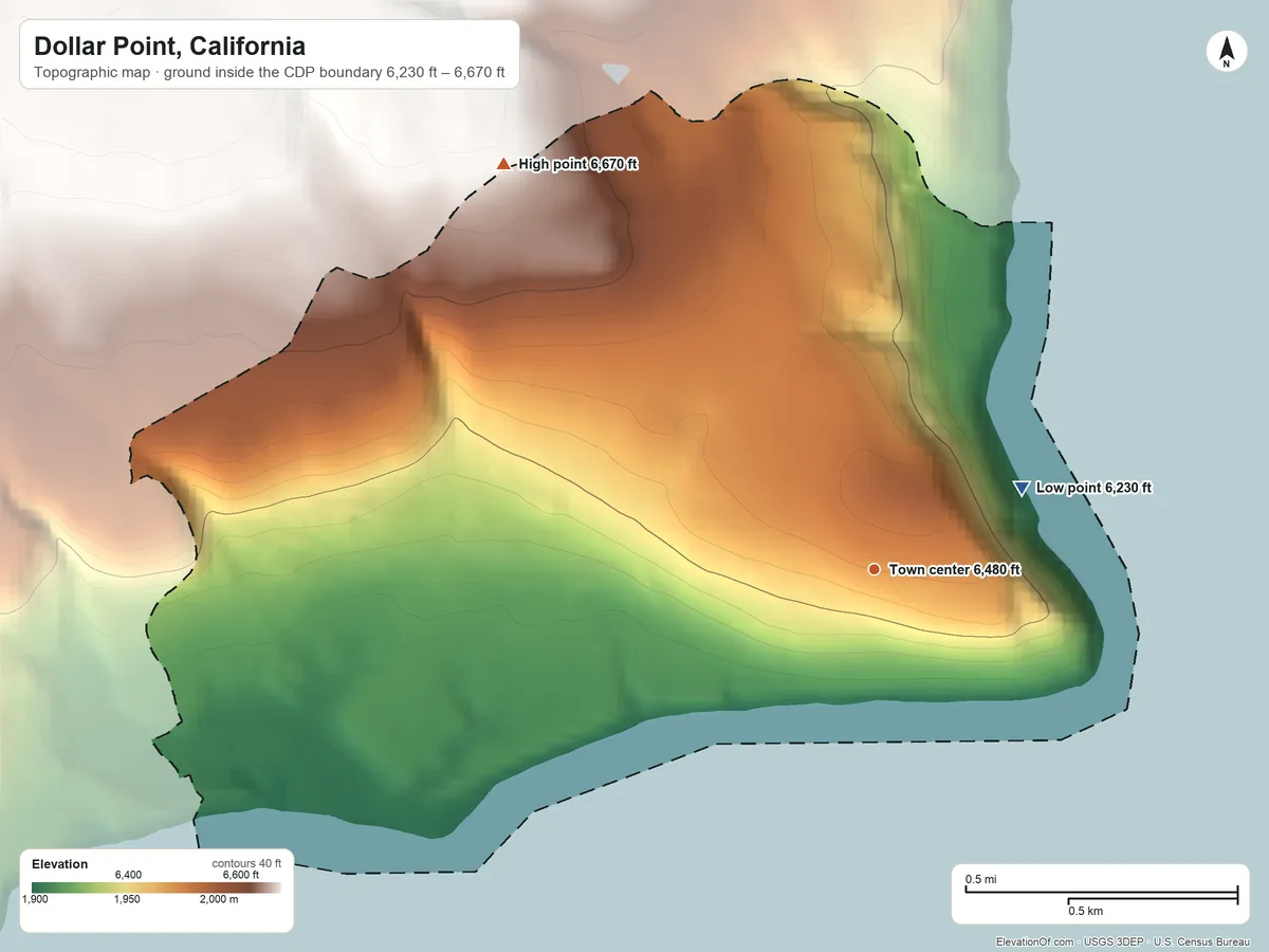 Topographic elevation map of Dollar Point, California, shaded from 6,230 ft on the northeast side to 6,670 ft on the northwest edge, below higher ground just outside