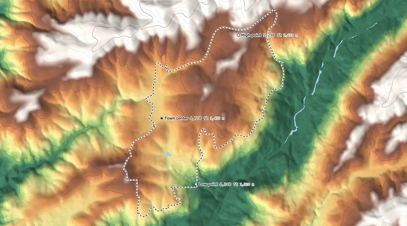 Topographic elevation map of Dorrington, California, shaded from 4,340 ft on the southeast side to 5,290 ft on the northeast edge, below higher ground just outside