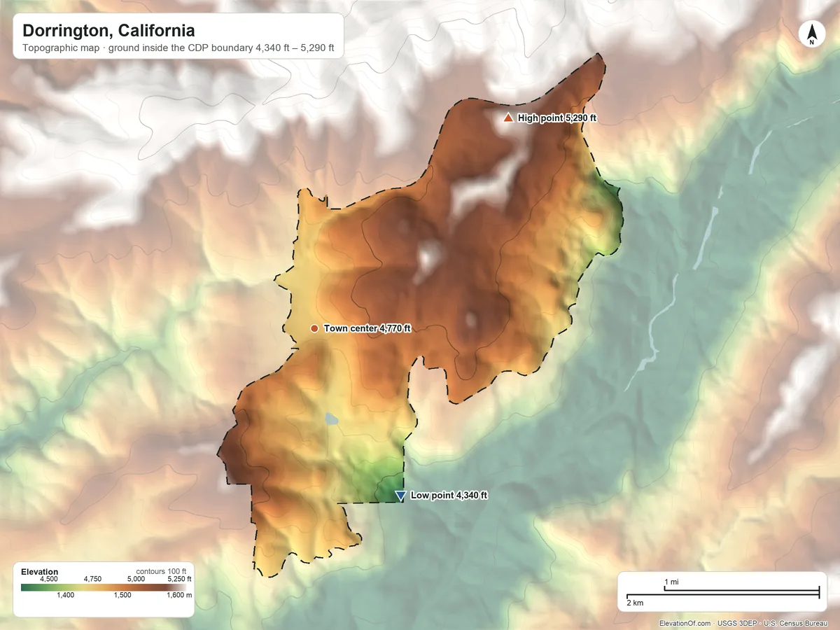 Topographic elevation map of Dorrington, California, shaded from 4,340 ft on the southeast side to 5,290 ft on the northeast edge, below higher ground just outside