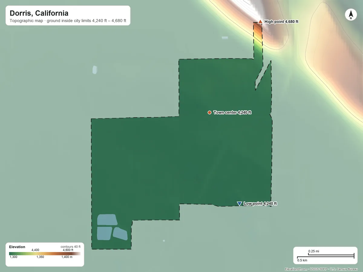 Topographic elevation map of Dorris, California, shaded from 4,240 ft on the south side to 4,680 ft on the northeast edge, below higher ground just outside