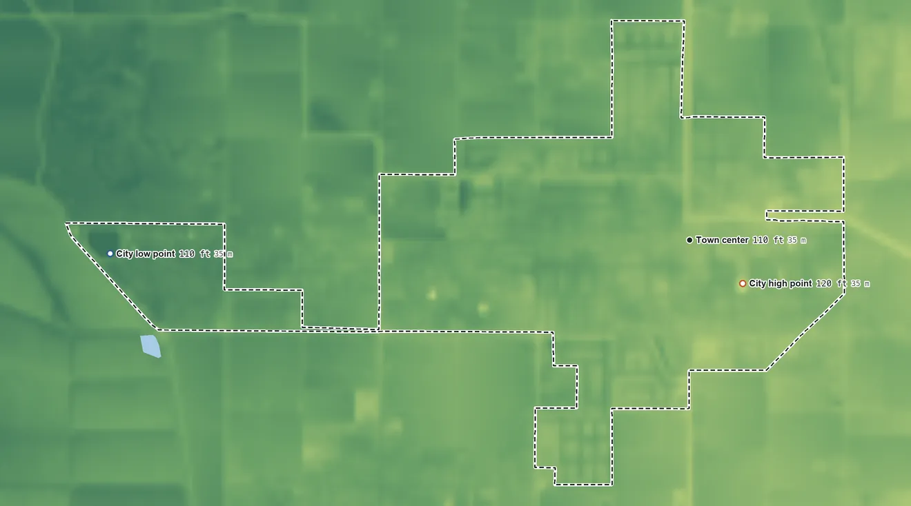 Topographic elevation map of Dos Palos, California, shaded from 110 ft on the west side to 120 ft near the middle