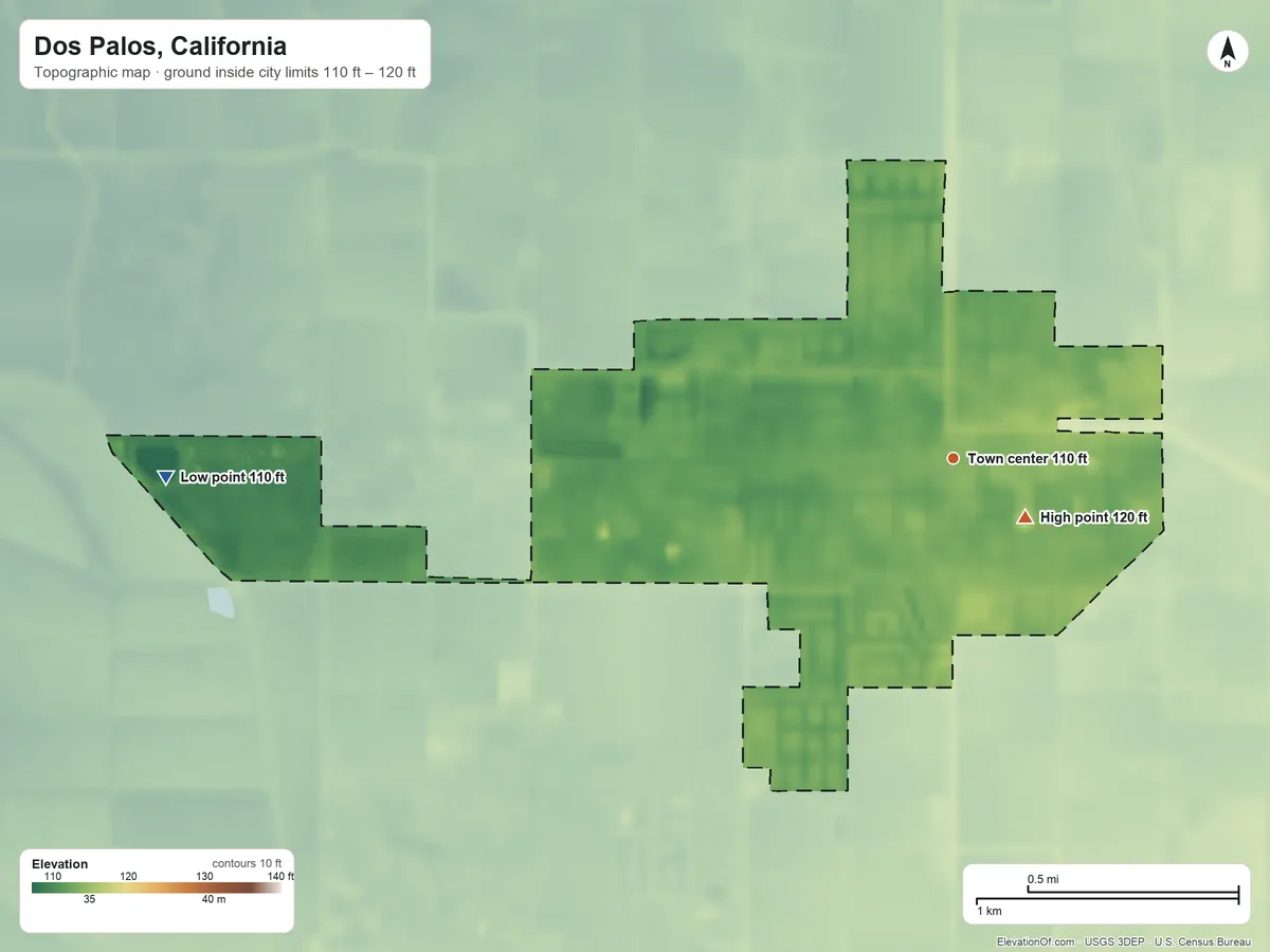 Topographic elevation map of Dos Palos, California, shaded from 110 ft on the west side to 120 ft near the middle