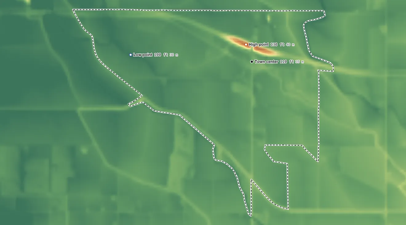 Topographic elevation map of Dos Palos Y, California, shaded from 100 ft on the west side to 130 ft near the middle