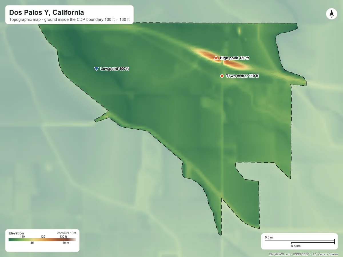 Topographic elevation map of Dos Palos Y, California, shaded from 100 ft on the west side to 130 ft near the middle