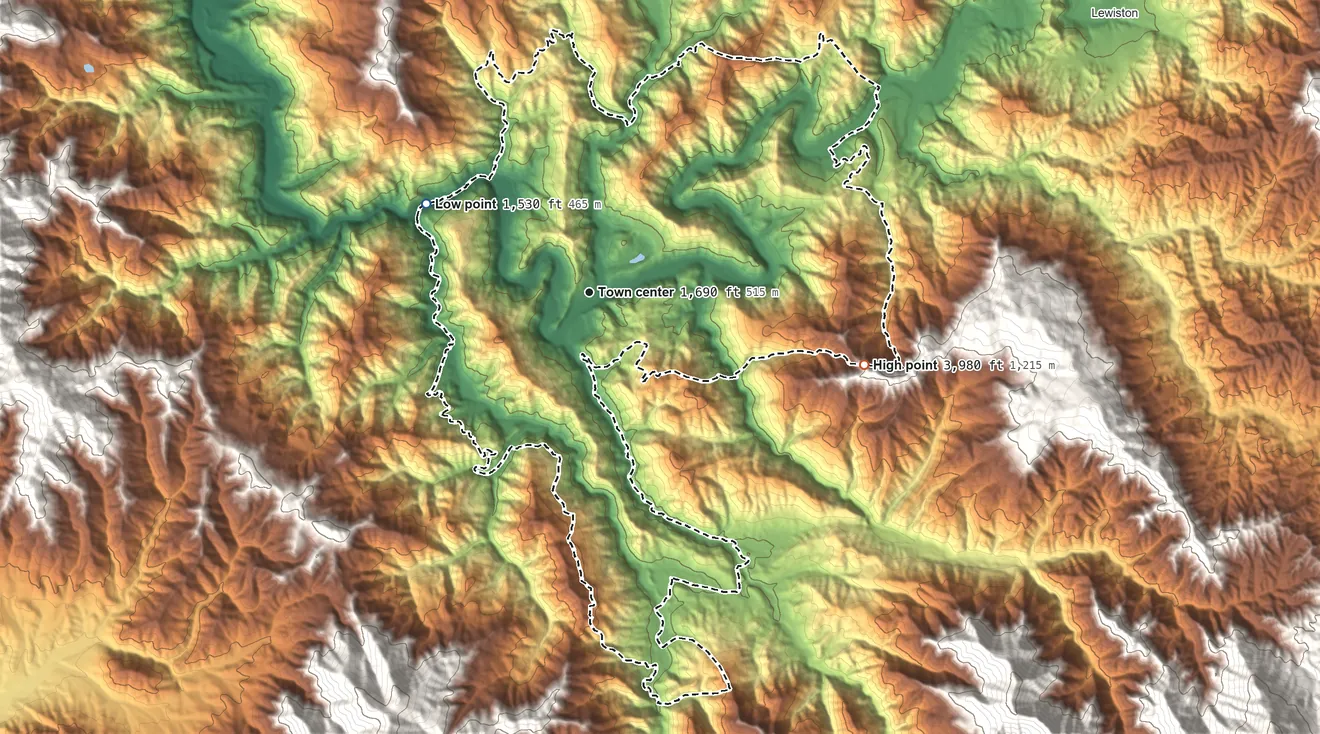 Topographic elevation map of Douglas City, California, shaded from 1,530 ft on the northwest side to 3,980 ft on the east edge, below higher ground just outside
