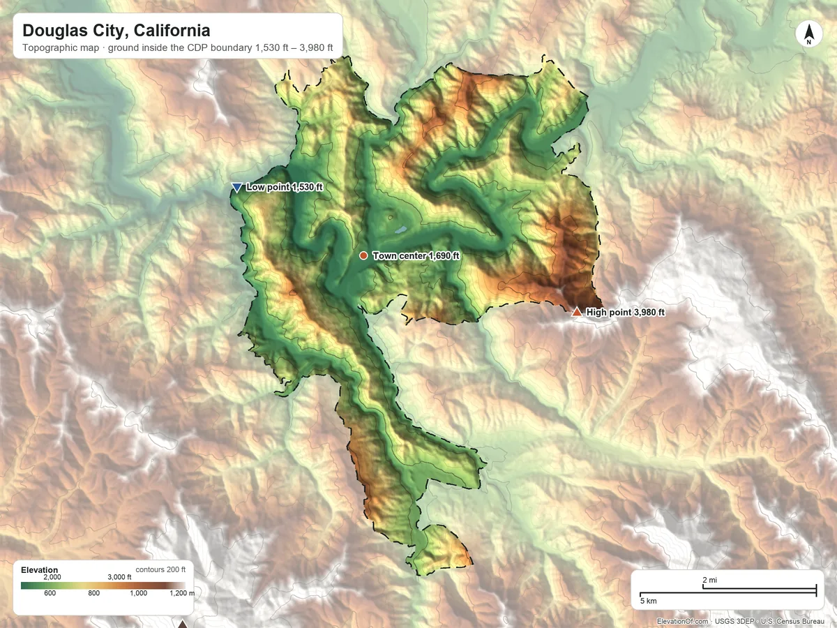 Topographic elevation map of Douglas City, California, shaded from 1,530 ft on the northwest side to 3,980 ft on the east edge, below higher ground just outside