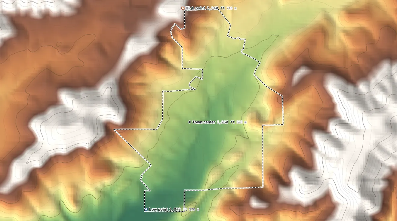 Topographic elevation map of Douglas Flat, California, shaded from 1,870 ft on the southwest side to 2,340 ft on the north edge, below higher ground just outside