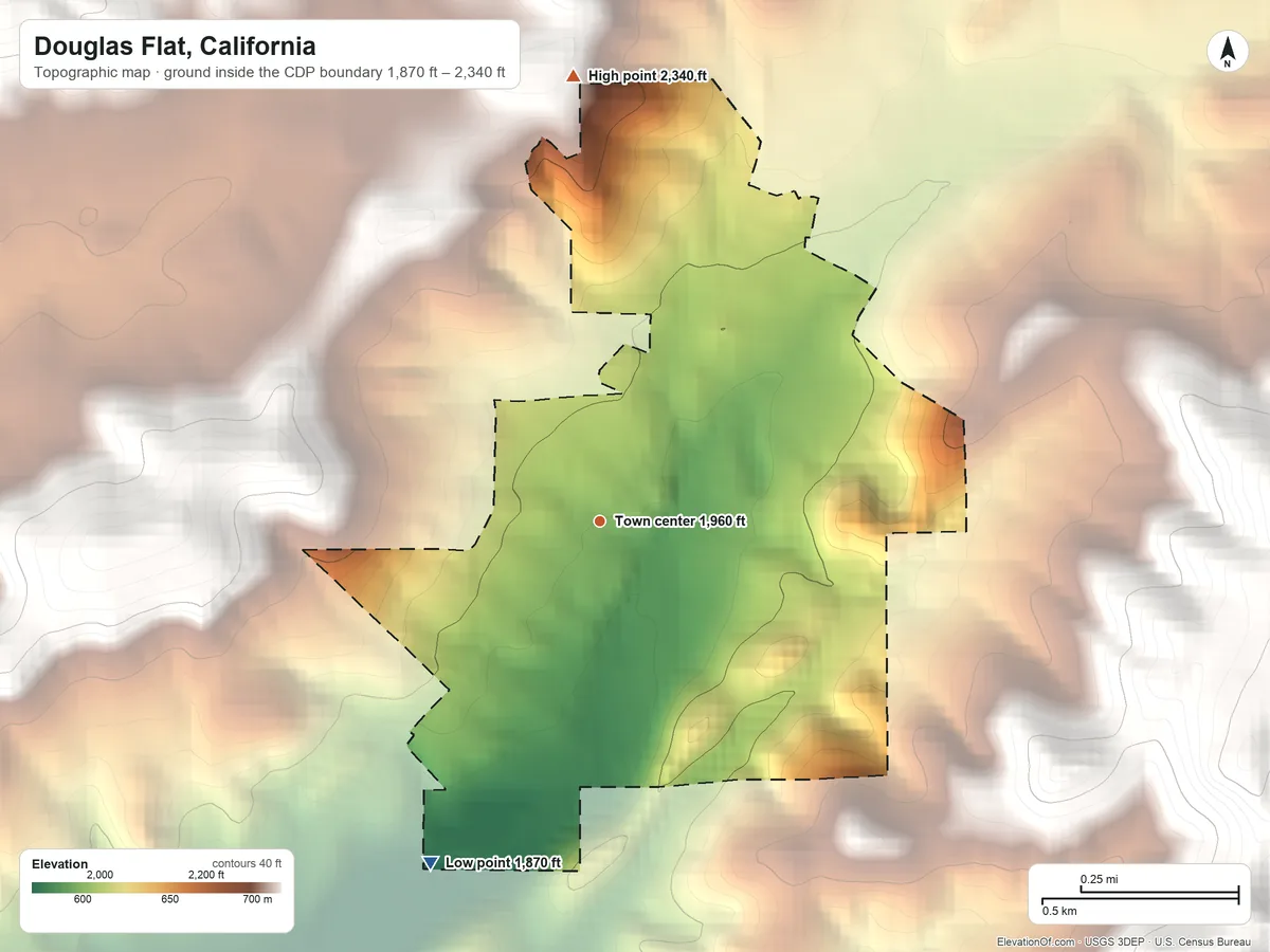 Topographic elevation map of Douglas Flat, California, shaded from 1,870 ft on the southwest side to 2,340 ft on the north edge, below higher ground just outside