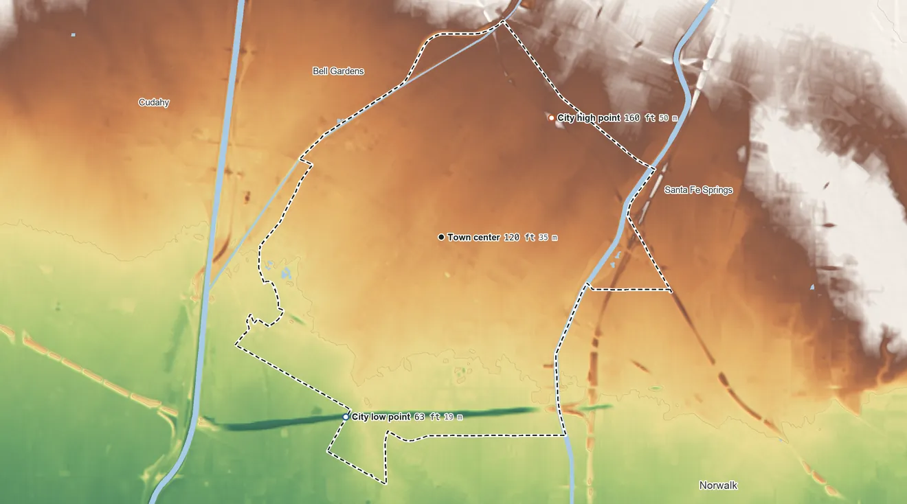 Topographic elevation map of Downey, California, shaded from 63 ft on the southwest side to 160 ft on the northeast side