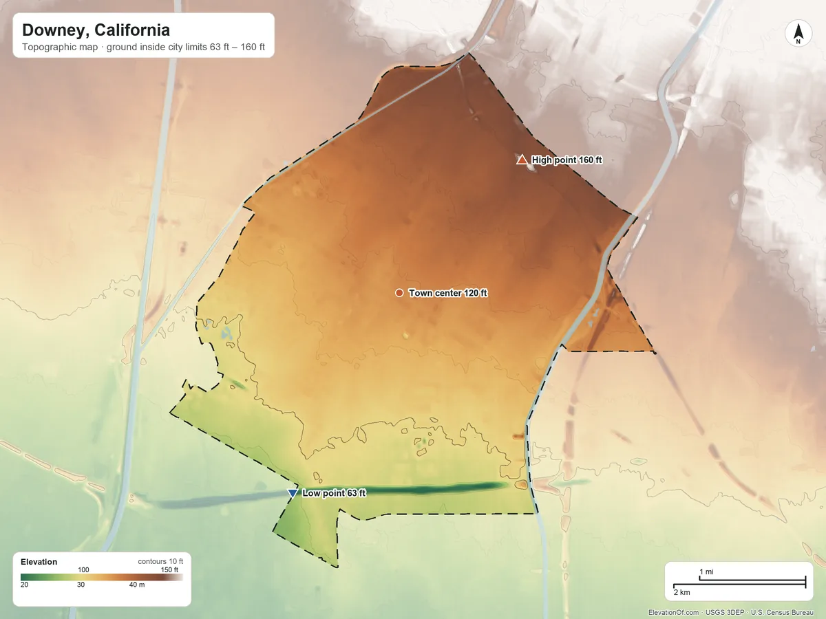 Topographic elevation map of Downey, California, shaded from 63 ft on the southwest side to 160 ft on the northeast side