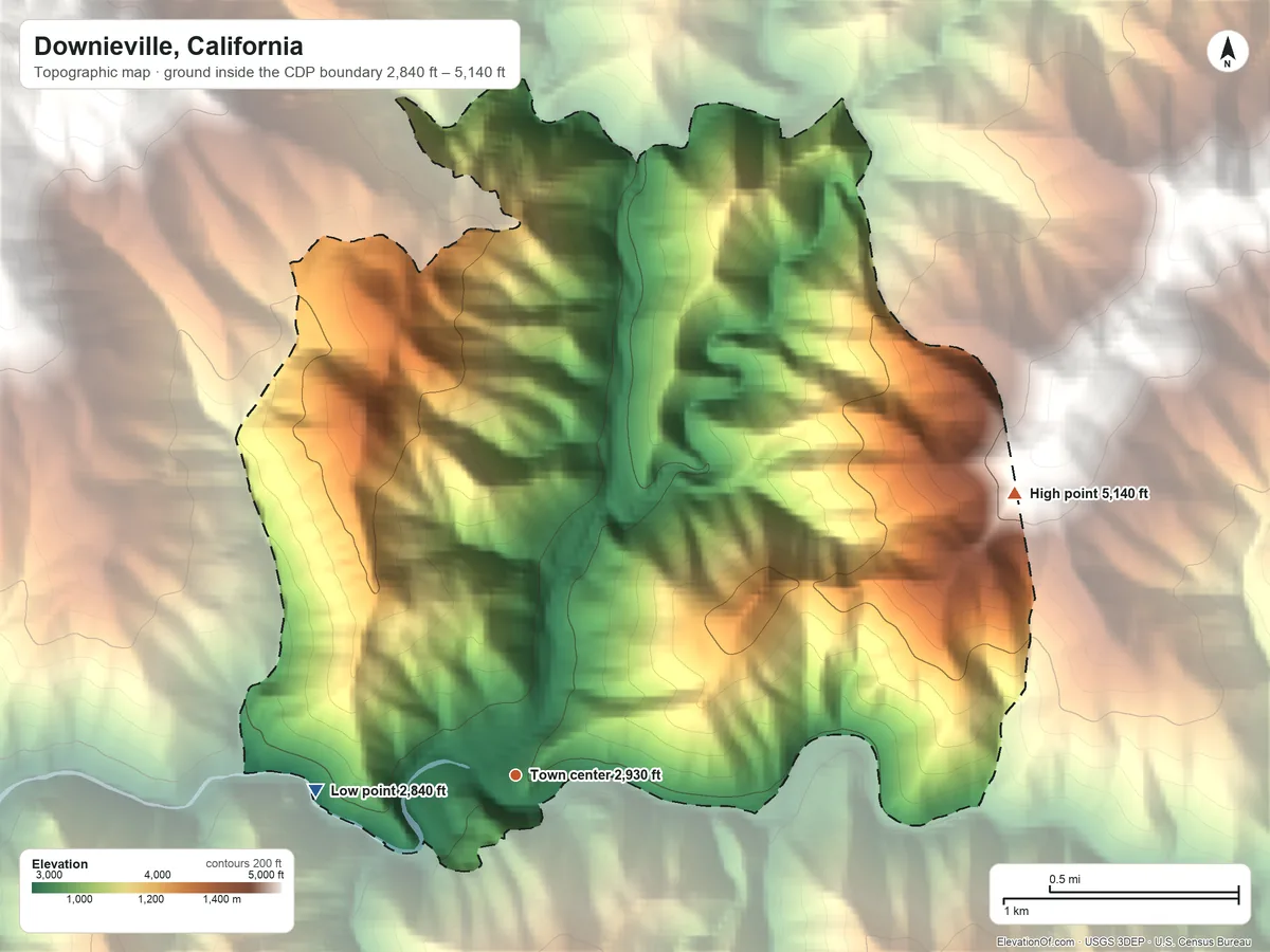 Topographic elevation map of Downieville, California, shaded from 2,840 ft on the west side to 5,140 ft on the northeast edge, below higher ground just outside