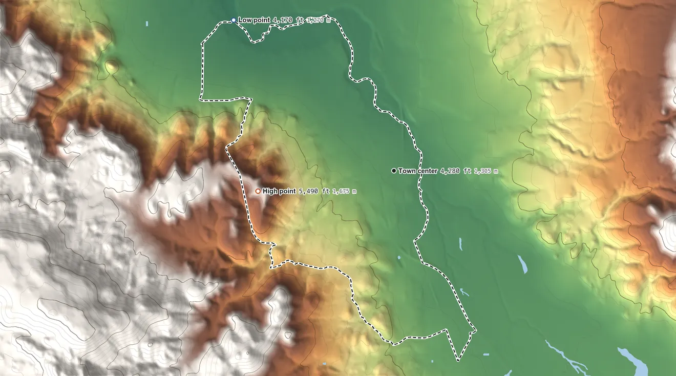 Topographic elevation map of Doyle, California, shaded from 4,170 ft on the northwest side to 5,490 ft at the foot of the Bird Hills