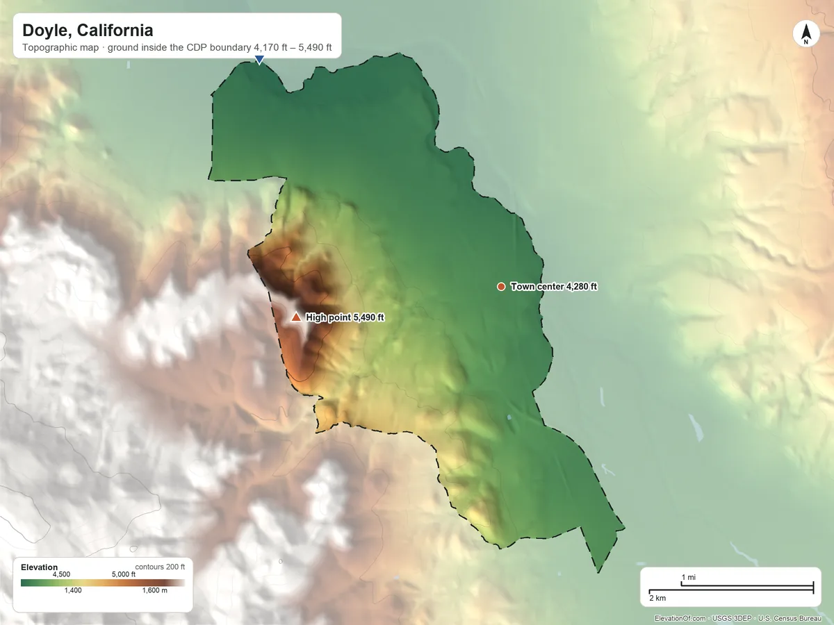 Topographic elevation map of Doyle, California, shaded from 4,170 ft on the northwest side to 5,490 ft at the foot of the Bird Hills