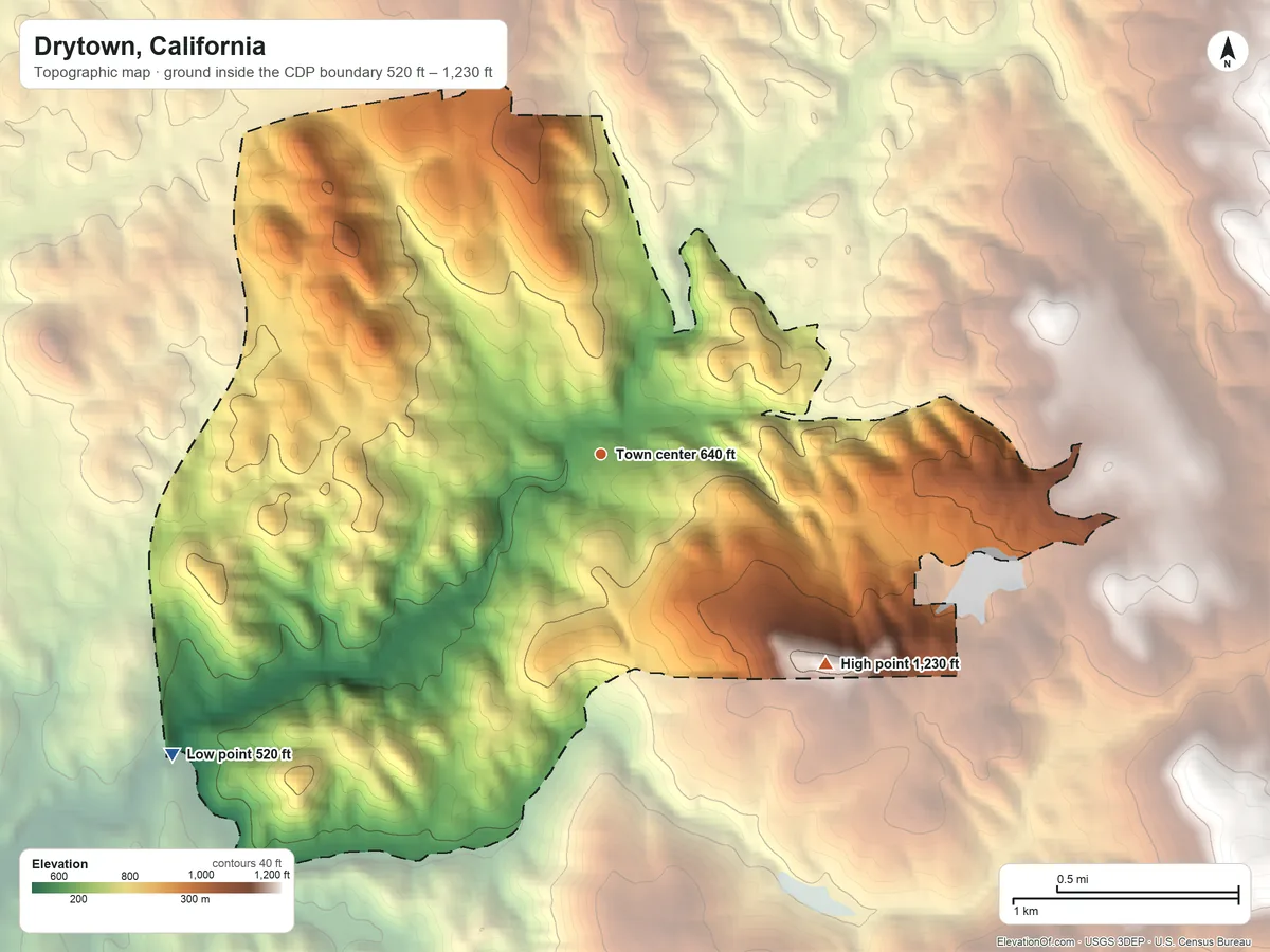 Topographic elevation map of Drytown, California, shaded from 520 ft on the southwest side to 1,230 ft on the southeast side