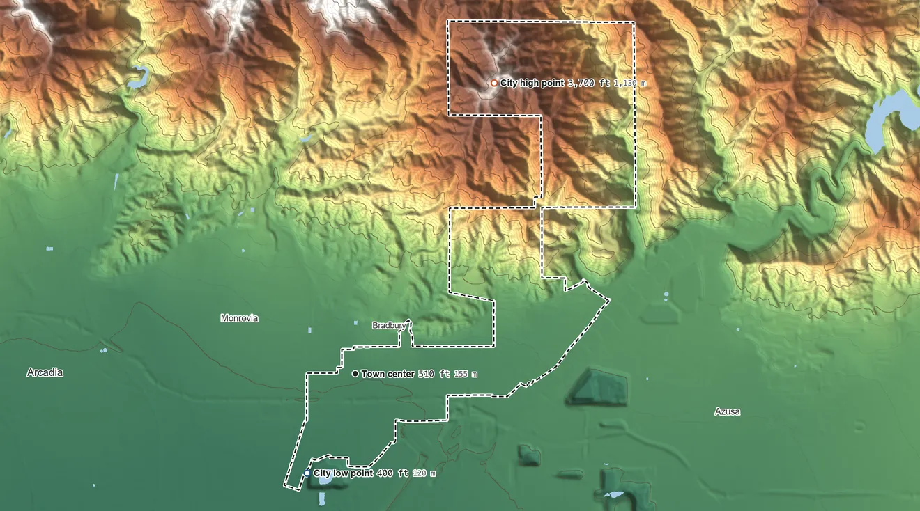 Topographic elevation map of Duarte, California, shaded from 400 ft on the southwest side to 3,700 ft on Mount Bliss