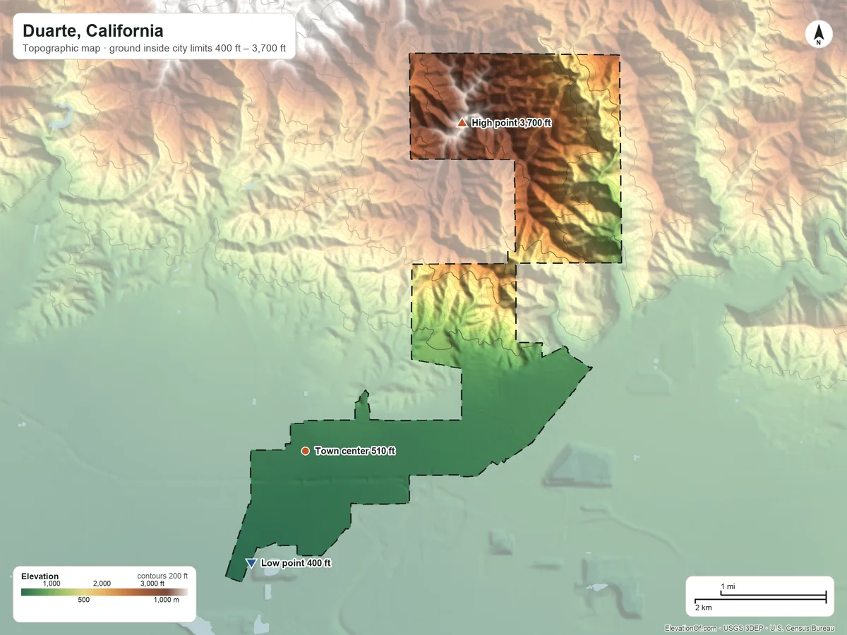 Topographic elevation map of Duarte, California, shaded from 400 ft on the southwest side to 3,700 ft on Mount Bliss