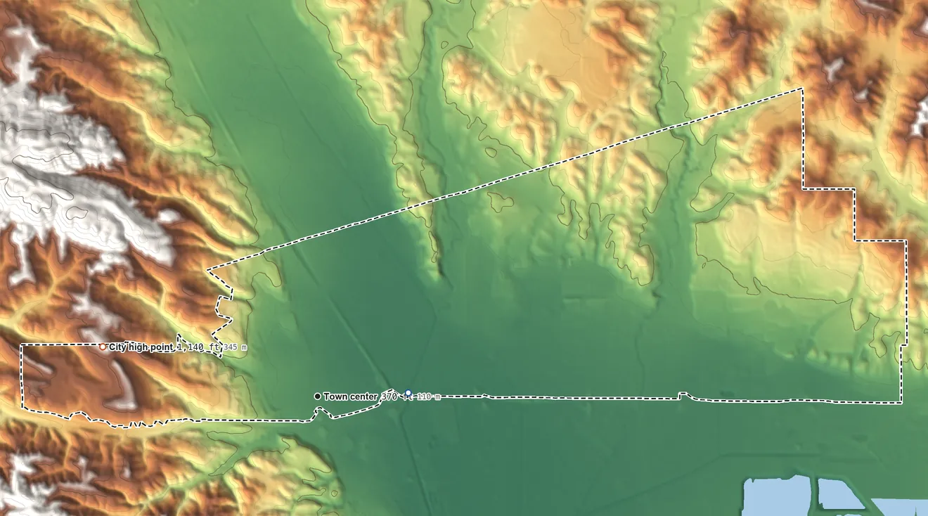Topographic elevation map of Dublin, California, shaded from 320 ft near the middle to 1,140 ft at the foot of the Dougherty Hills