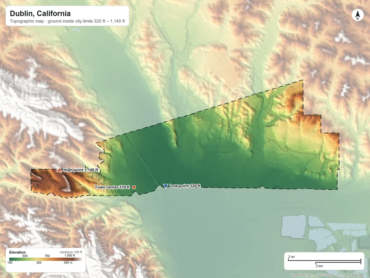 Topographic elevation map of Dublin, California, shaded from 320 ft near the middle to 1,140 ft at the foot of the Dougherty Hills