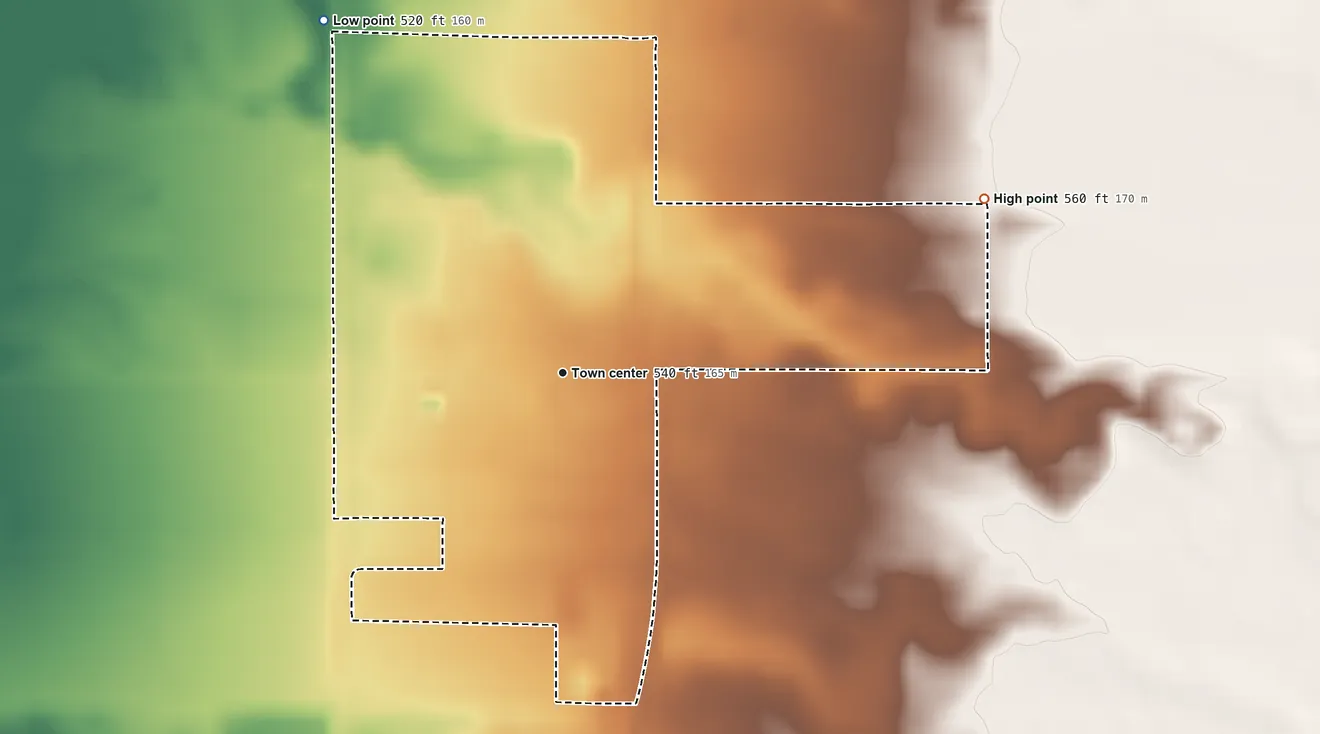 Topographic elevation map of Ducor, California, shaded from 520 ft on the northwest side to 560 ft on the east side