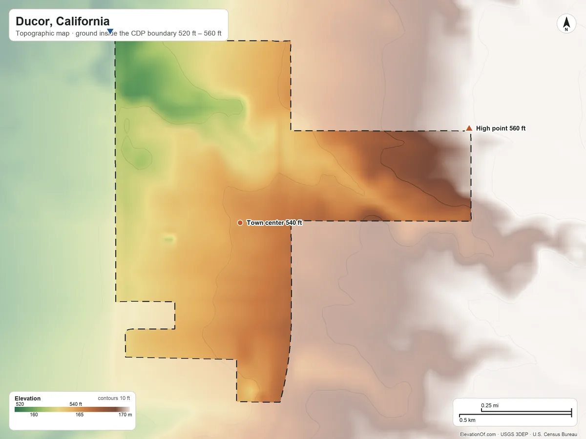 Topographic elevation map of Ducor, California, shaded from 520 ft on the northwest side to 560 ft on the east side