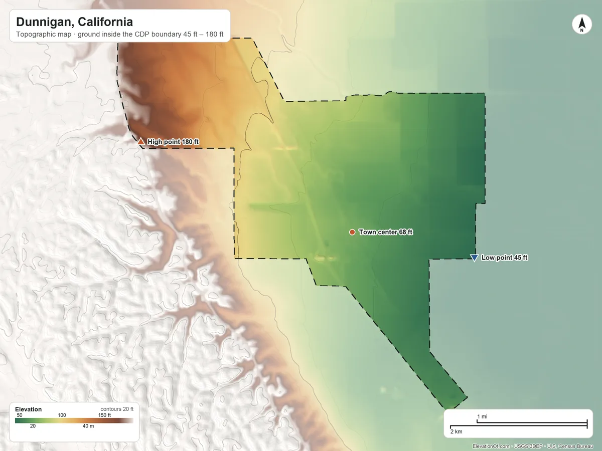 Topographic elevation map of Dunnigan, California, shaded from 45 ft on the east side to 180 ft on the northwest side