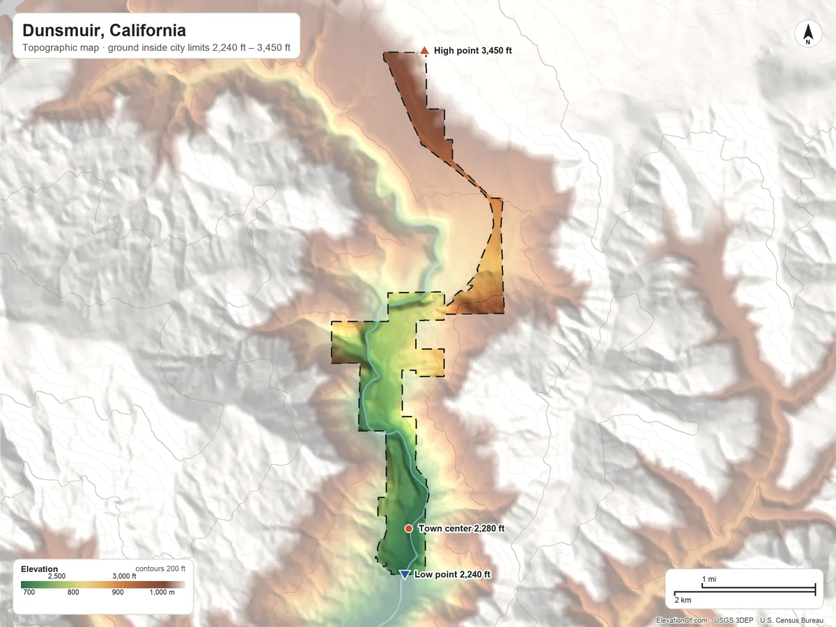 Topographic elevation map of Dunsmuir, California, shaded from 2,240 ft near the middle to 3,450 ft at the foot of The Eddys