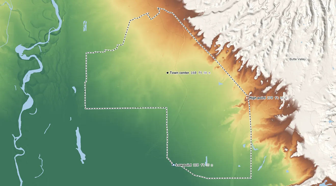 Topographic elevation map of Durham, California, shaded from 110 ft on the south side to 270 ft on the east side