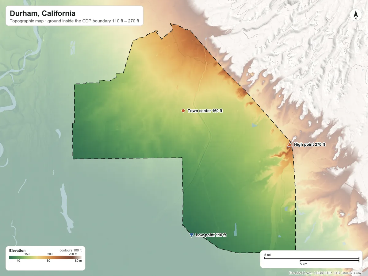 Topographic elevation map of Durham, California, shaded from 110 ft on the south side to 270 ft on the east side