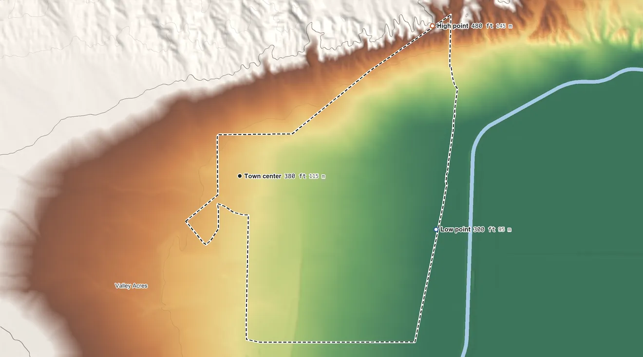 Topographic elevation map of Dustin Acres, California, shaded from 300 ft on the east side to 480 ft at the foot of the Buena Vista Hills