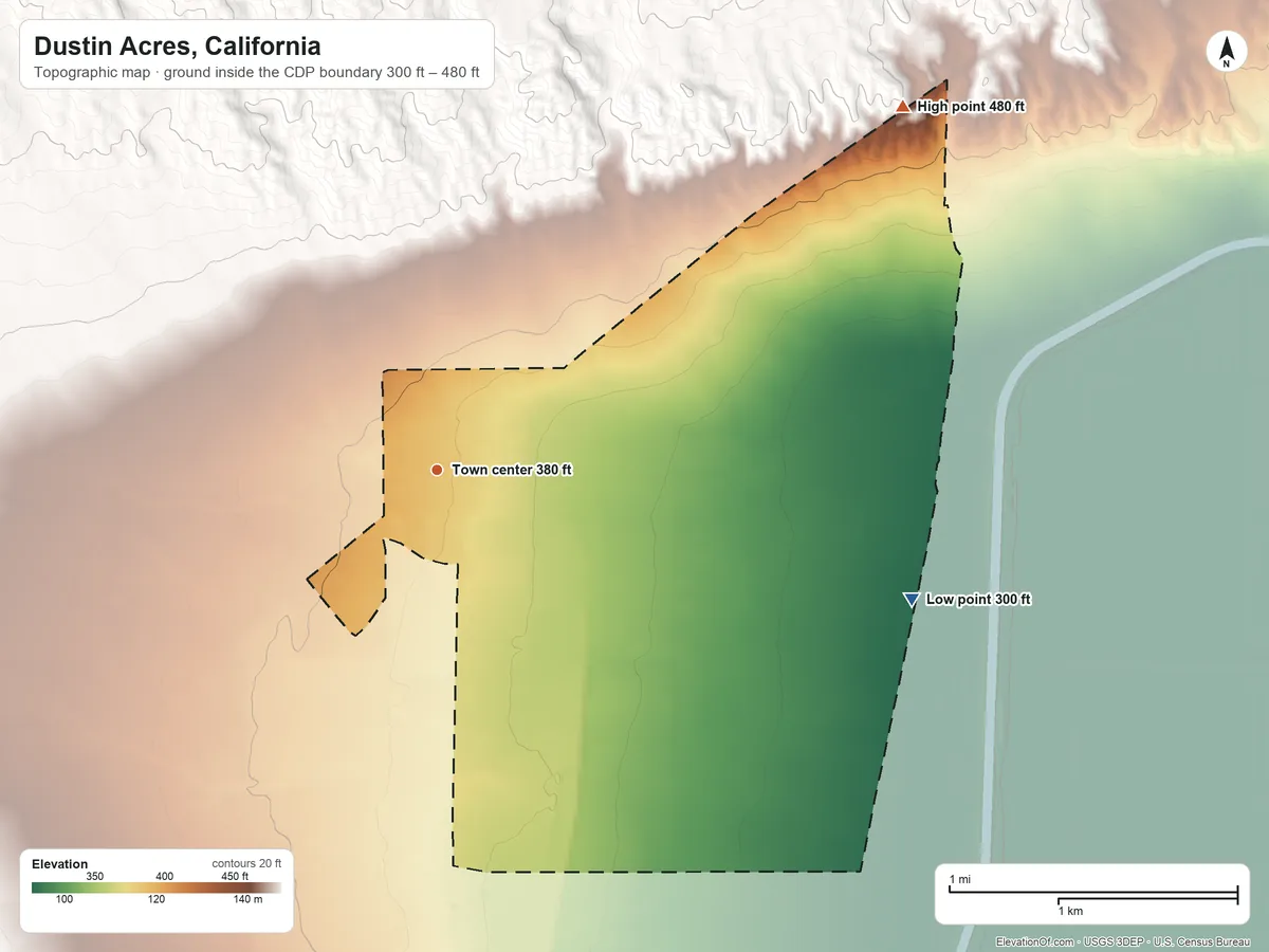 Topographic elevation map of Dustin Acres, California, shaded from 300 ft on the east side to 480 ft at the foot of the Buena Vista Hills