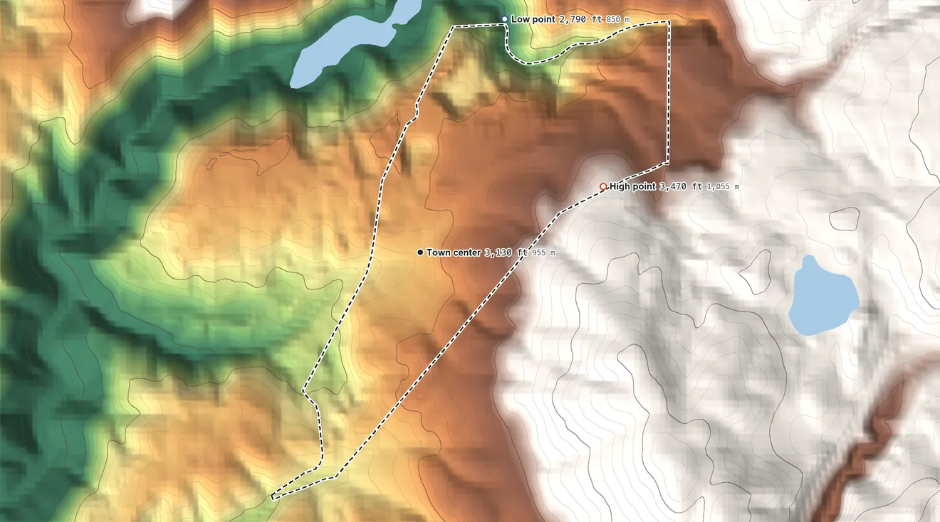 Topographic elevation map of Dutch Flat, California, shaded from 2,790 ft on the north side to 3,470 ft on the east edge, below higher ground just outside