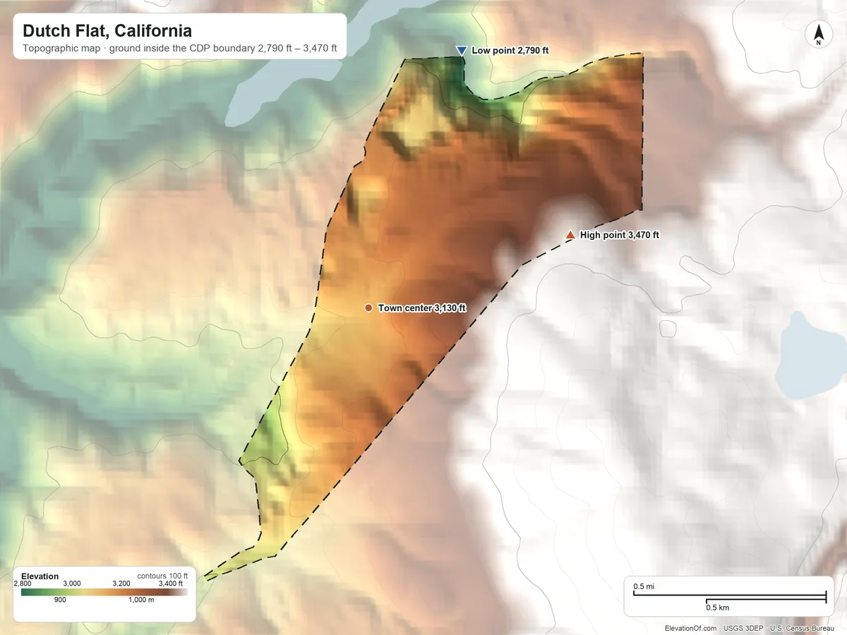 Topographic elevation map of Dutch Flat, California, shaded from 2,790 ft on the north side to 3,470 ft on the east edge, below higher ground just outside
