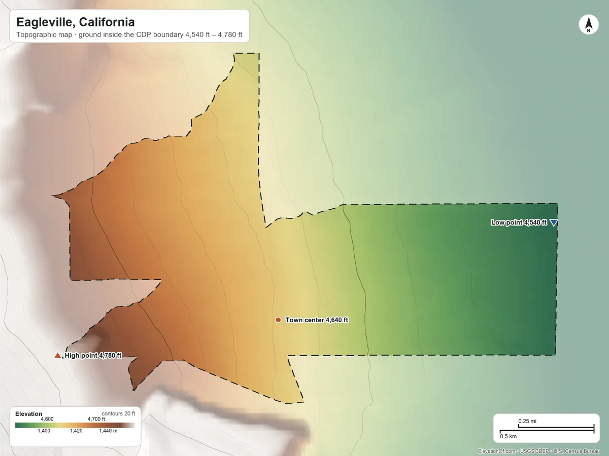 Topographic elevation map of Eagleville, California, shaded from 4,540 ft on the east side to 4,780 ft at the foot of the Warner Mountains