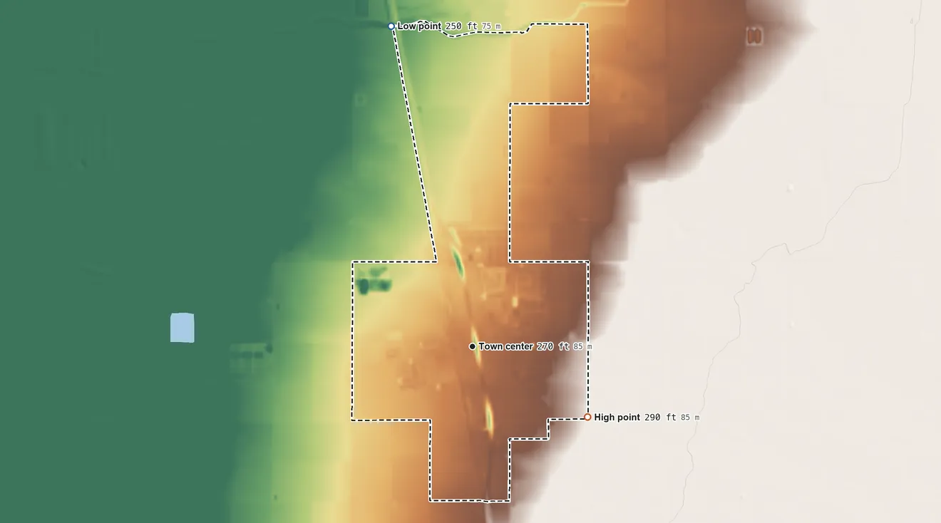 Topographic elevation map of Earlimart, California, shaded from 250 ft on the north side to 290 ft on the southeast side