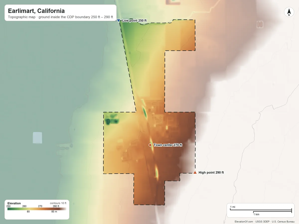 Topographic elevation map of Earlimart, California, shaded from 250 ft on the north side to 290 ft on the southeast side