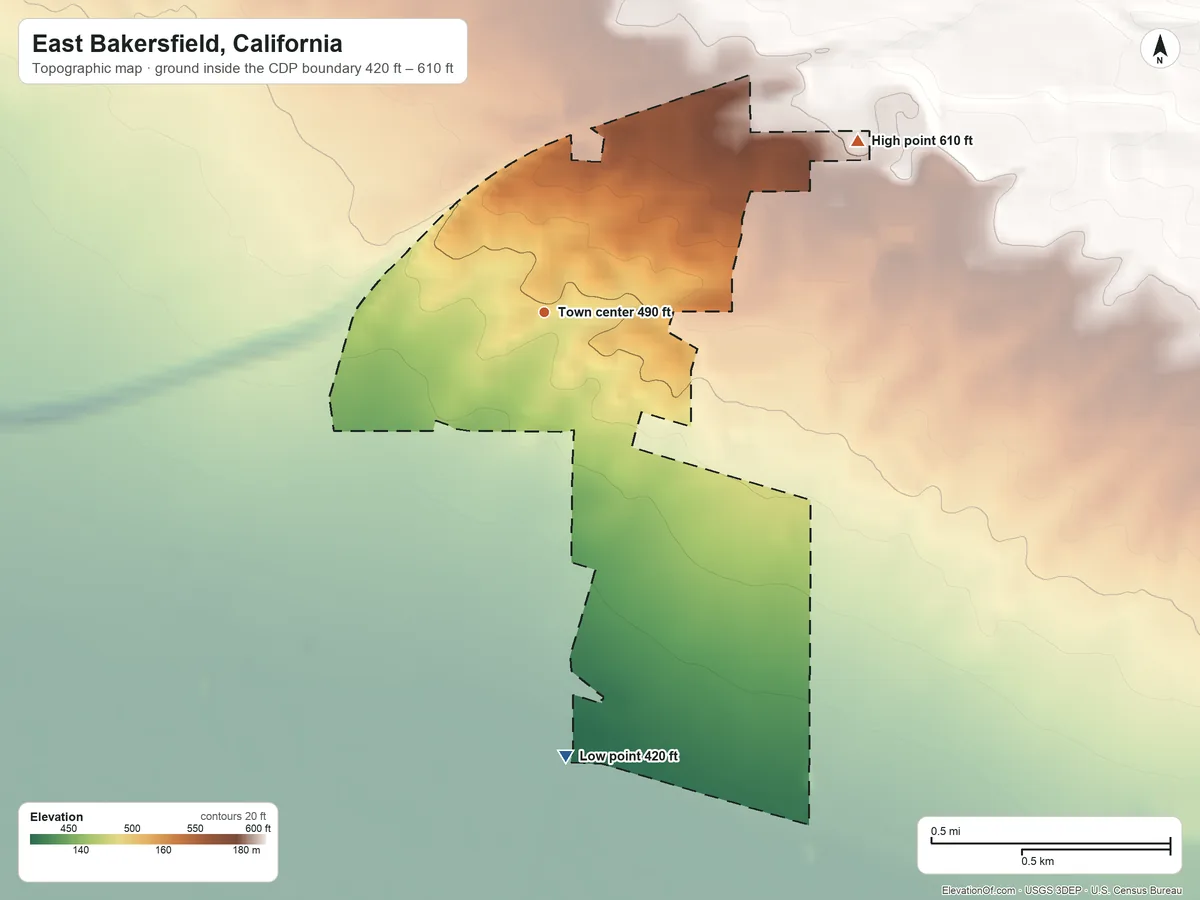 Topographic elevation map of East Bakersfield, California, shaded from 420 ft on the south side to 610 ft on the northeast side